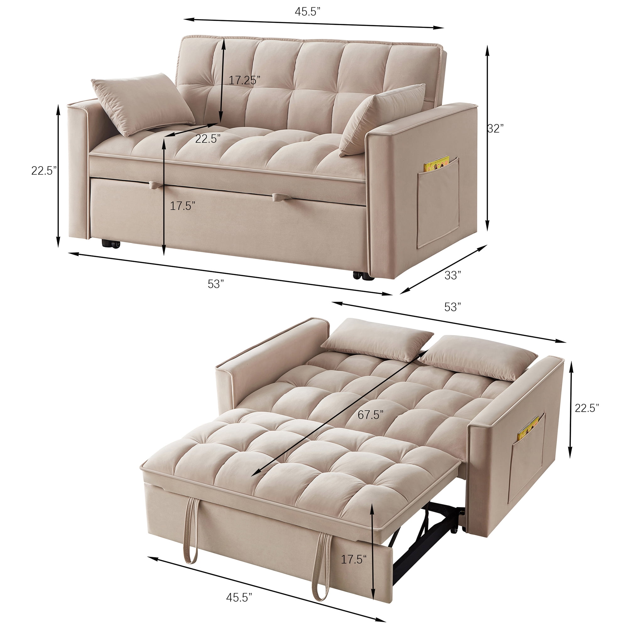 3 in 1 Convertible Sleeper Sofa Bed, 53" Modern Convertible Sofa Bed with 2 Detachable Arm Pockets,Velvet Pull Out Couch with Pull Out Bed for Living Room Furniture,Taupe