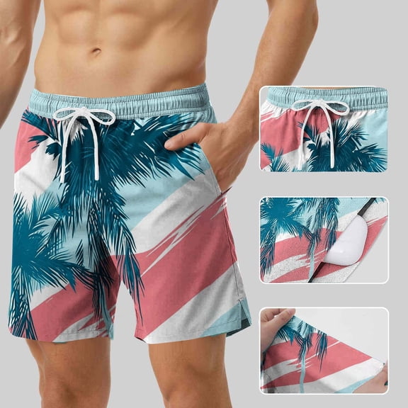 CYiJun Swim Trunks for Men with Compression Liner Tropical Print Drawstring Waist Beach Hawaii Shorts