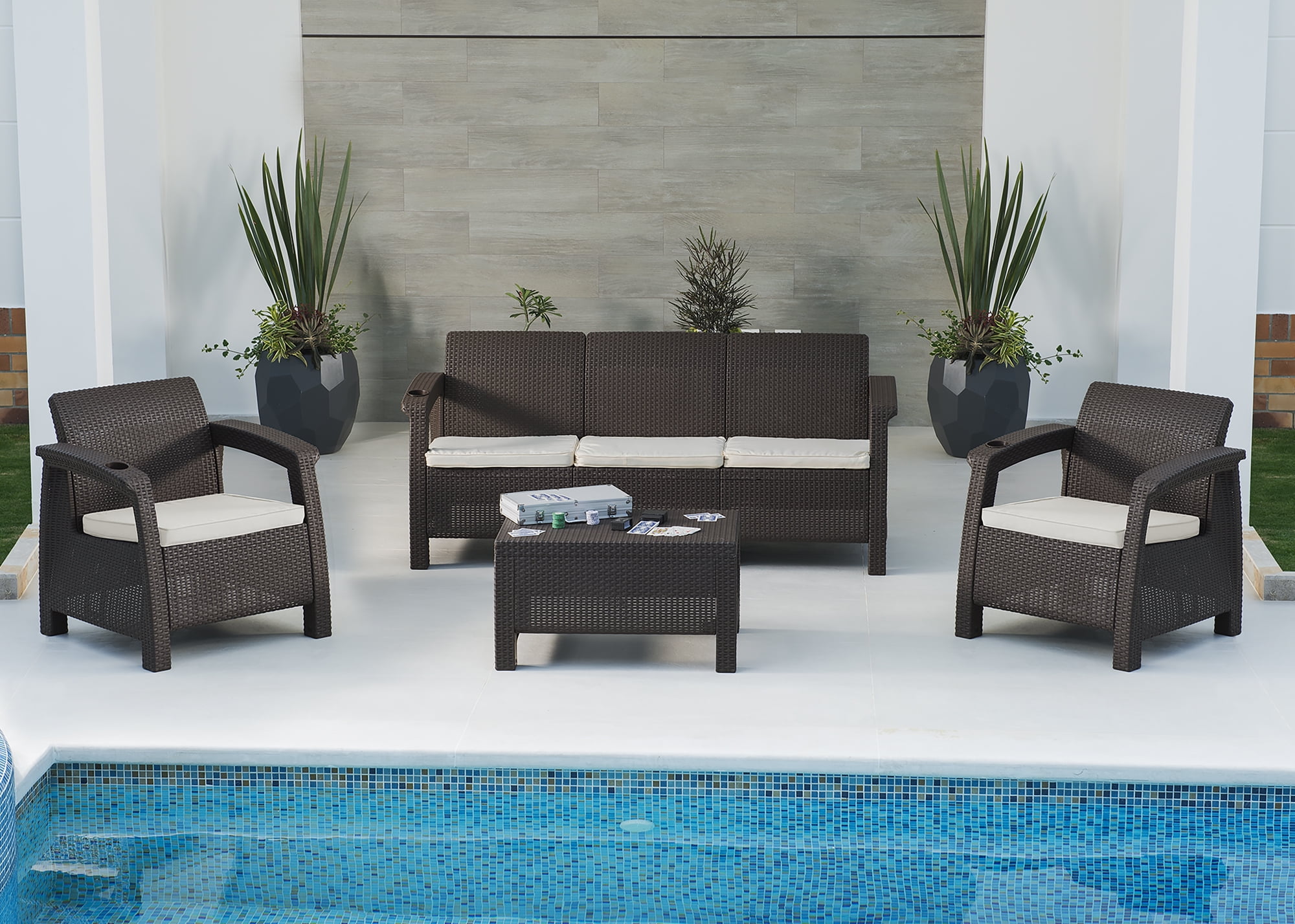 MQ Ferrara (PP) Outdoor 4Piece Sofa, Table and 2 Chairs Set, Espresso