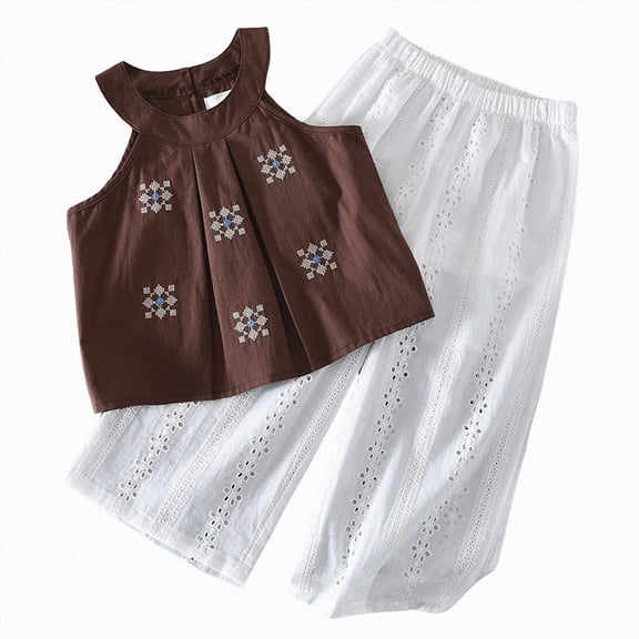 kpoplk 6M-5T Little Girl Clothes Boho Outfit Straps Hearts Shirts Cami Tank Tops Wide Leg Pants Baby Girl Summer Clothes Size 2-3 Years,Coffee