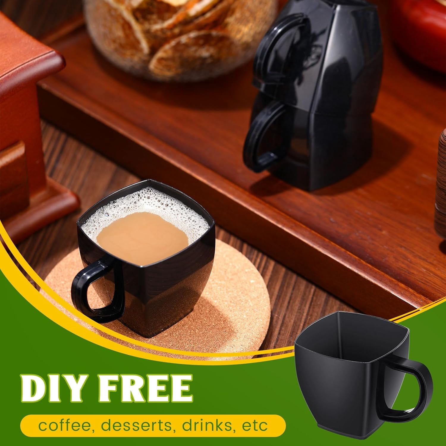 5 oz Disposable Tea Cups Bulk Mini Plastic Tea Cup Bulk with Handle Hard Coffee Mug Reusable Square Espresso Mugs for Party Wedding (Black,100 Pcs)