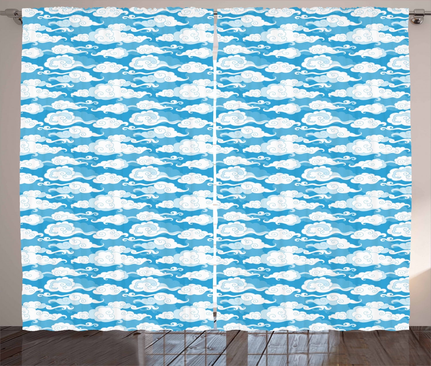 Blue And White Curtains 2 Panels Set Swirling Artistic Fluffy