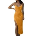 thumbnail image 2 of Wycnly Womens Dresses Sexy High Slit Spaghetti Strap Ruched Bodycon Night Party Club Dresses Fashion Solid V-Neck Sleeveless Long Summer Dress Gold s, 2 of 6