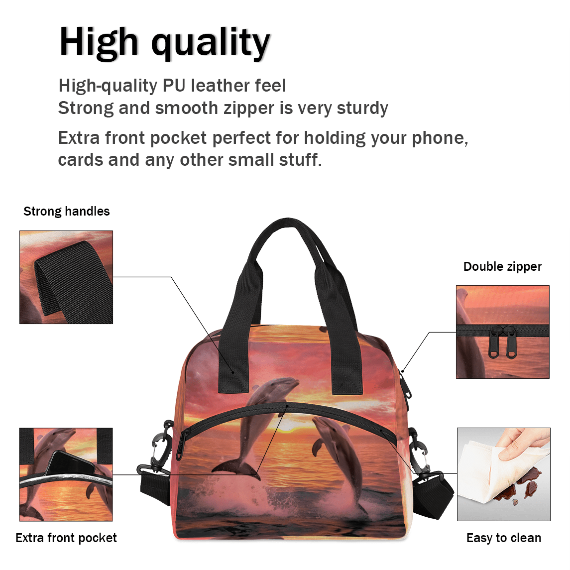 Herdesigns Dolphin Themed Insulated Lunch Bag for Women Men Adults Large Reusable Lunch Box Sea Dolphin Leakproof Cooler Tote Bags with Adjustable Shoulder Strap