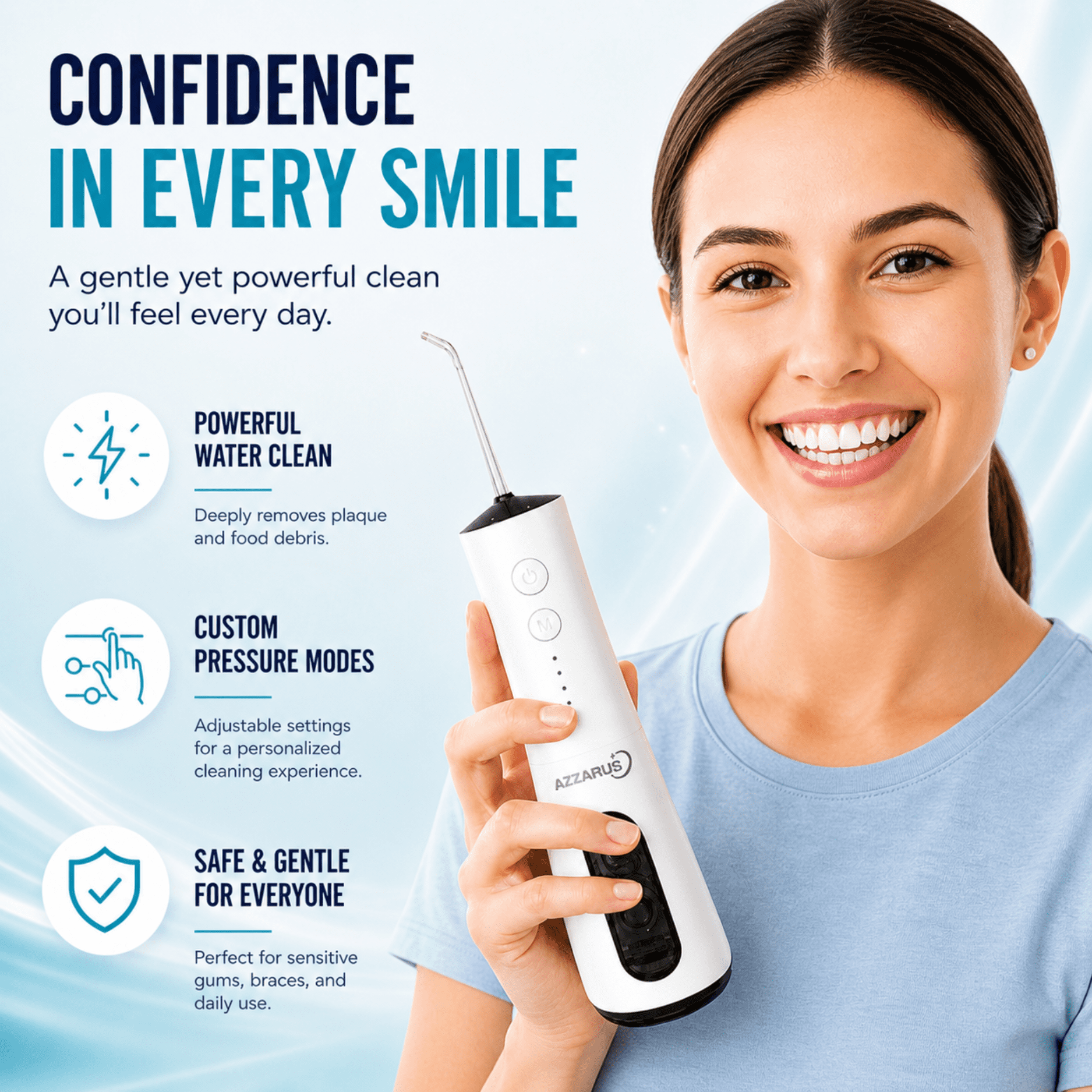 AZZARUS® Water Flosser – Cordless Oral Irrigator, Portable, 300ml Tank, 4 Modes, 5 Tips, Rechargeable, Waterproof (White)