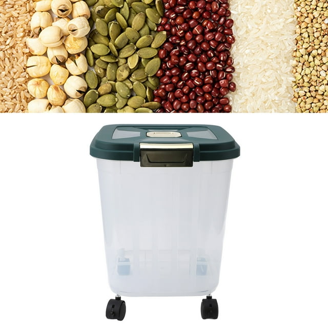 Rice Storage Container with Universal Wheels, Food Grade Safe PP Material Dry Goods Bin, Dust and Humidity Isolation, Airtight Large Capacity Dog Food Storage Container for Rice