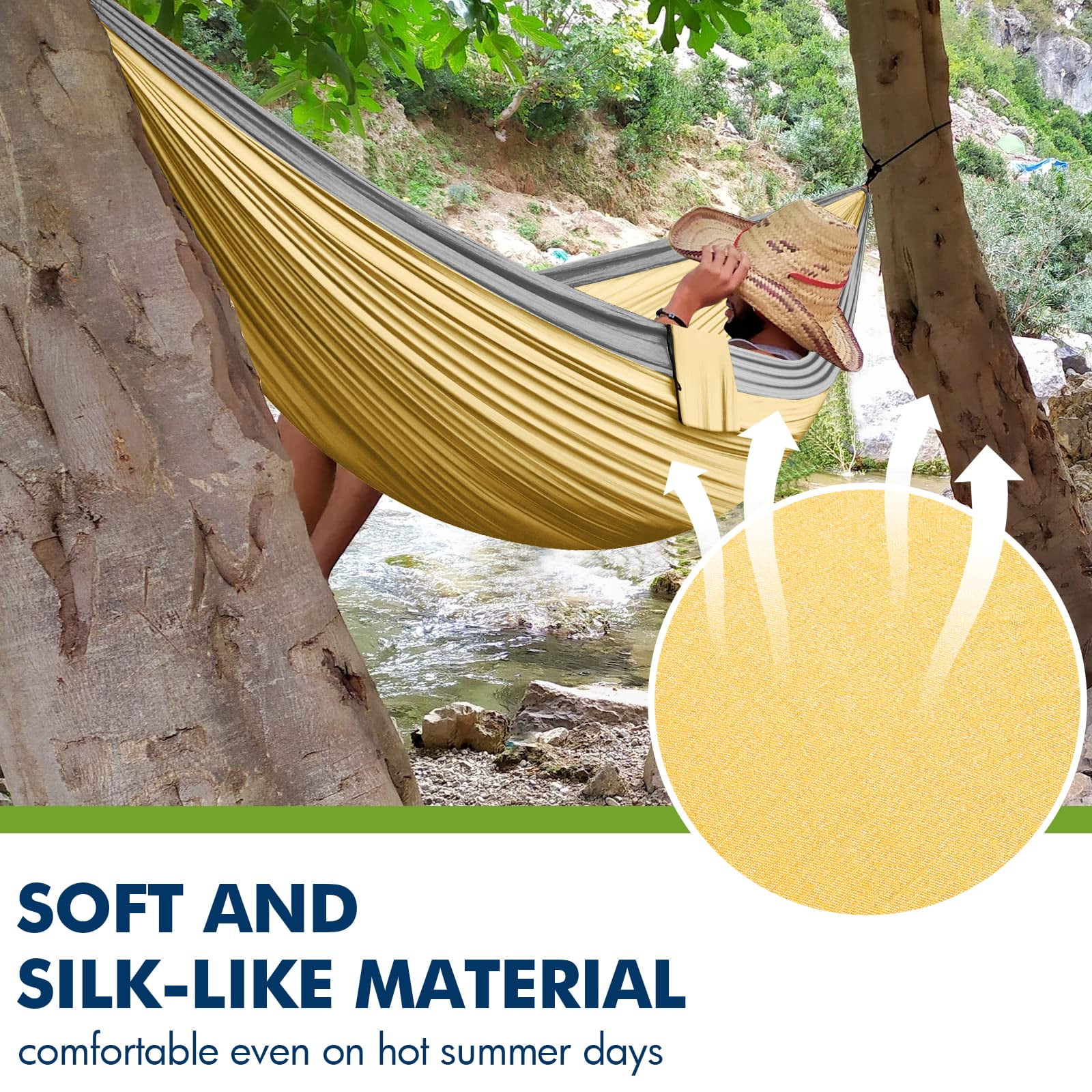 Double Camping Hammock - Outdoor Portable Nylon Hammock with 500lbs Capacity, Perfect for Camping, Hiking, and Travel,Khaki&Gray