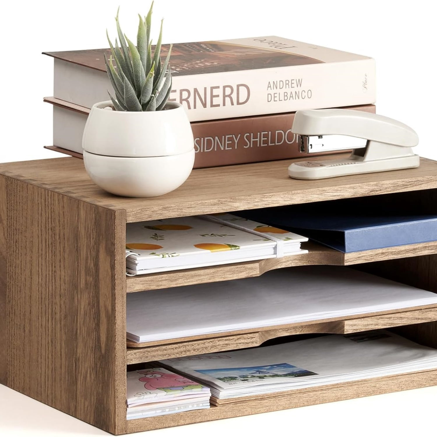 Wooden Desktop Organizer Paper Storage Letter Tray File Sorter - Desk Rack Magazine File Dividers Holders for Home Office Accessories with 3 Layer Trays Dark Brown