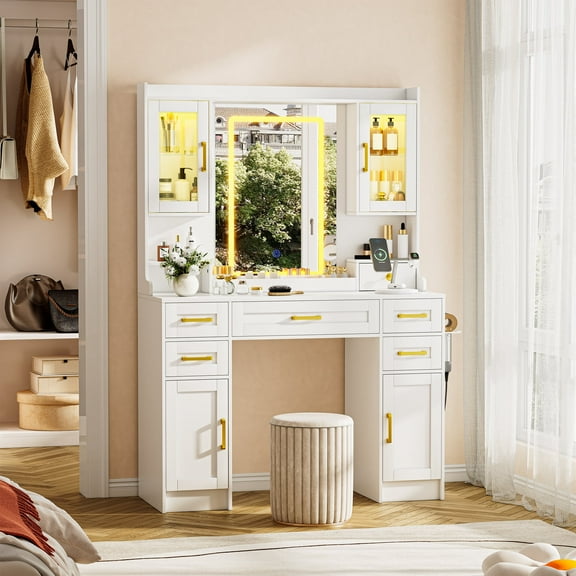White Vanity Desk with Mirror, LED Lights, and Power Outlet – Spacious Makeup Table Featuring 6 Drawers and 4 Storage Cabinets for Bedroom