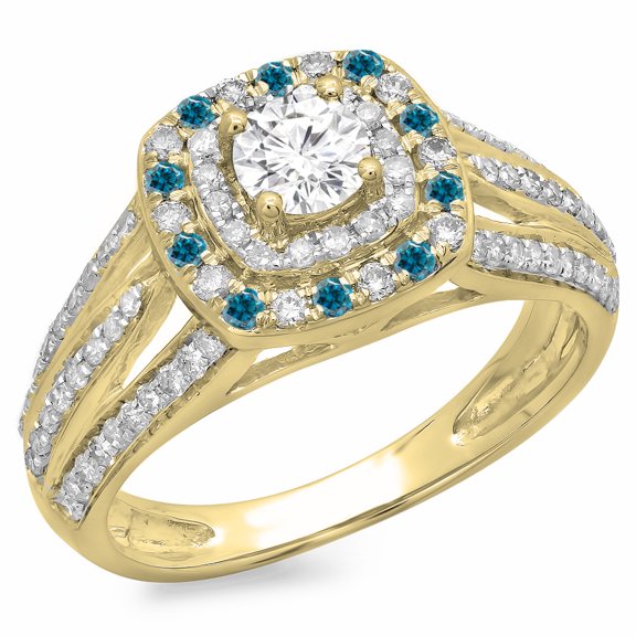 1.10 Carat (ctw) 10K Yellow Gold Round Cut Blue & White Diamond Ladies Split Shank Vintage Style Bridal Halo Engagement