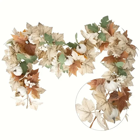 Maple Leaves Garland White Pumpkin Berry Autumn Harvest Thanksgiving 2 Pack 68.9 Inch