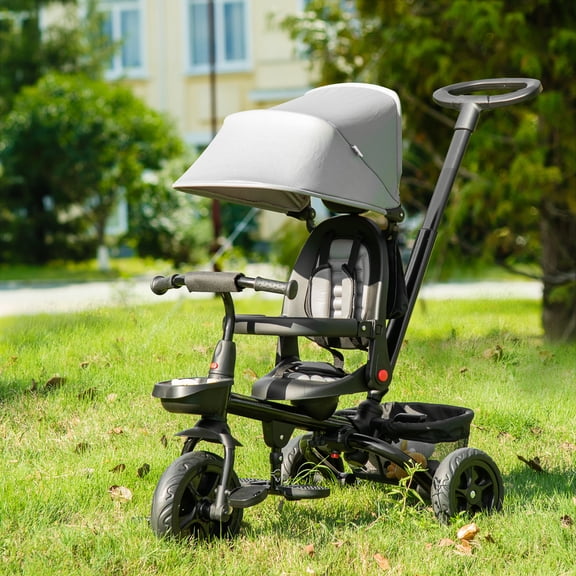 Qaba Baby Tricycle 5 In 1 Trike, Reversible Angle Adjustable Seat Removable Handle Canopy Handrail Belt Storage Footrest Brake for 1-5 Years Old Gray
