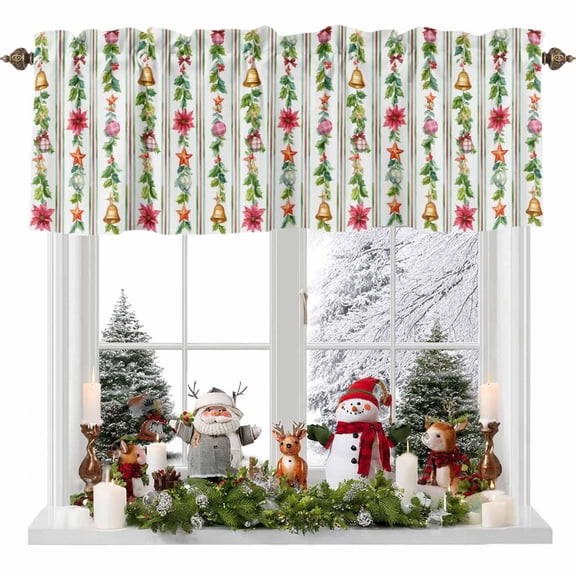 Christmas Stripes Valances for Windows, 42 x 18in, Bell Stars Colored Ball Snowflakes Green Rod Pocket Kitchen Valance Curtain Light Filtering Window Treatments for Living Room Bedroom, 1 Panel