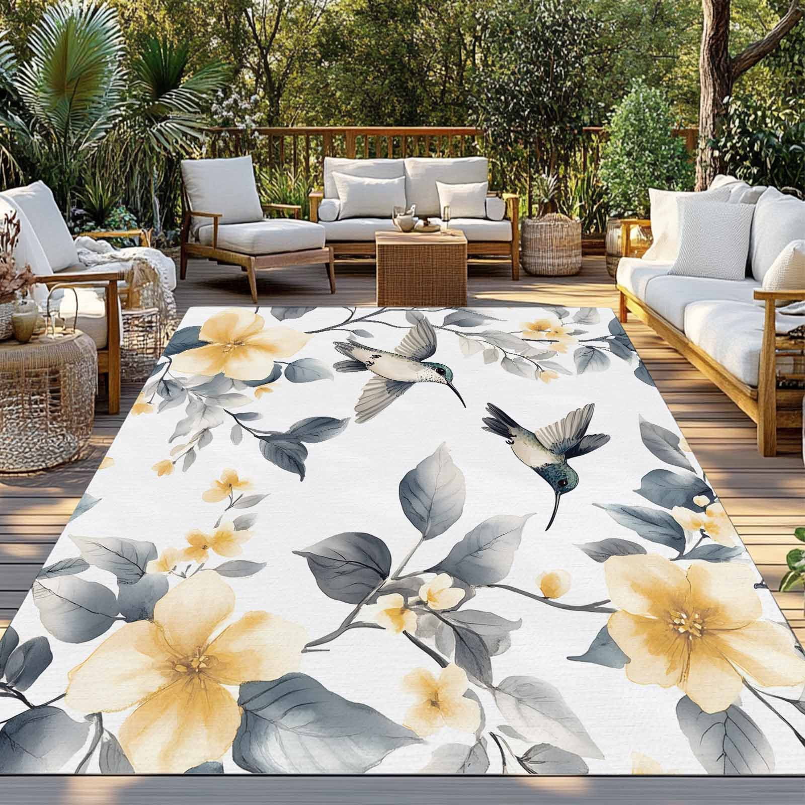Fsddascl Yellow Grey Spring Floral Outdoor Rug for Patio/Deck/Porch, Non-Slip Large Area Rug 5 x 8 Ft, Birds Summer Botanical Indoor Outdoor Rugs Washable Area Rugs, Reversible Camping Rug Carpet
