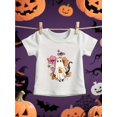 thumbnail image 1 of Girls' Halloween T-Shirt - Cute Ghost Cat & Floral Print with Happy Halloween Text - Soft Knit Top for Toddlers, Kids, Teens - Birthday Party outfit or everyday Halloween - easy-Care Round Neck T, 1 of 6