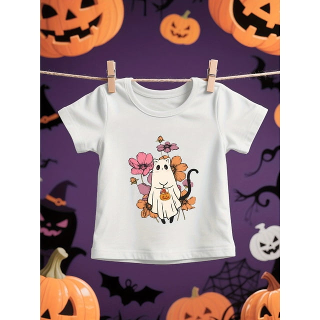 Girls' Halloween T-Shirt - Cute Ghost Cat & Floral Print with Happy Halloween Text - Soft Knit Top for Toddlers, Kids, Teens - Birthday Party outfit or everyday Halloween - easy-Care Round Neck T
