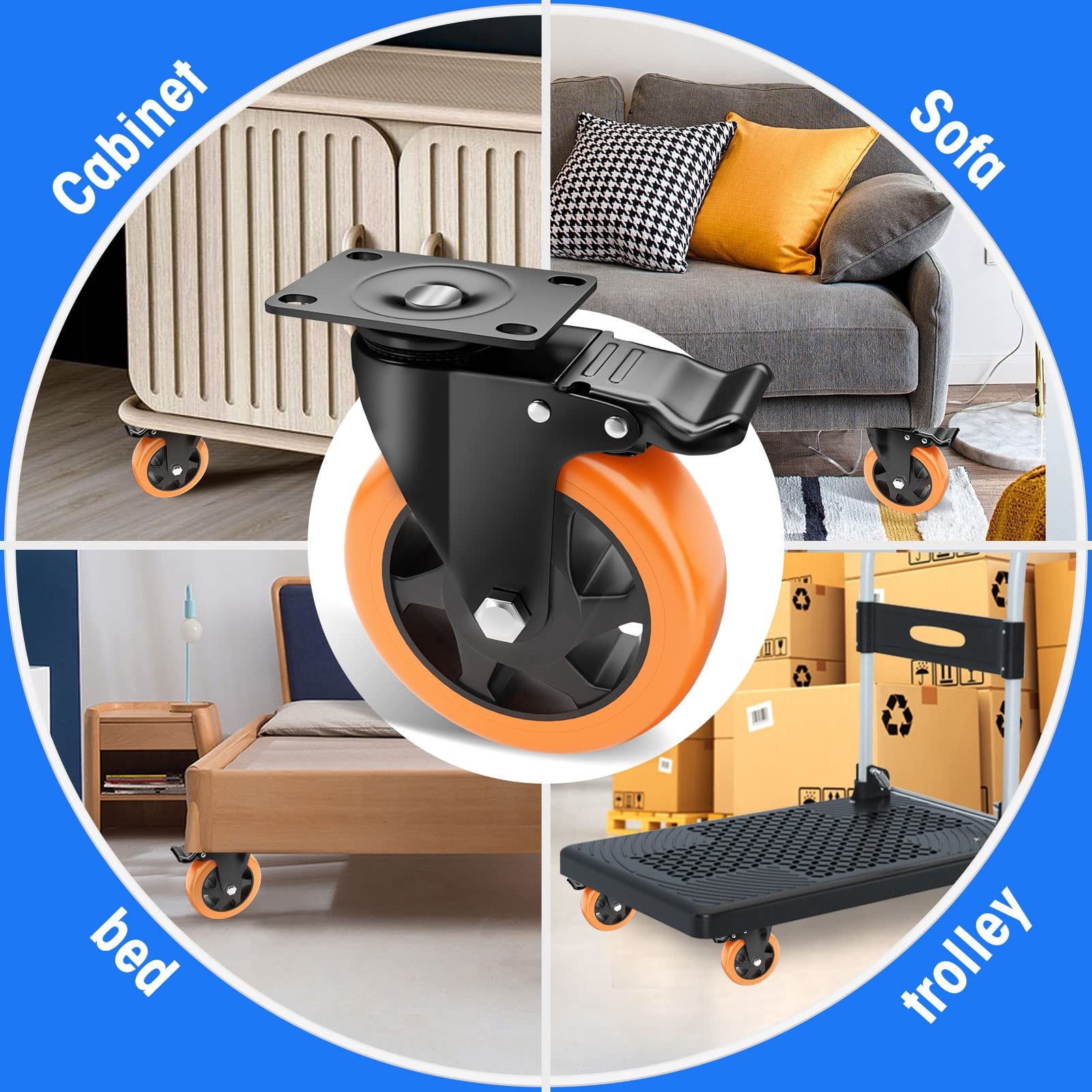 5" Caster Wheels Heavy Duty, ASHGOOB Casters Set of 4 - Non-Marking Orange Polyurethane Castors, Top Plate Swivel Wheels, Industrial Casters with Brake, Locking Casters for Furniture and Workbench
