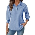 thumbnail image 3 of Women's Striped Button Down 3/4 Sleeve Shirt Tops Blouses with Classic Collar for Casual Business Work Office Vacation Outfits Fashion Essential Gift for Women | Aestivo,Blue XL, 3 of 9