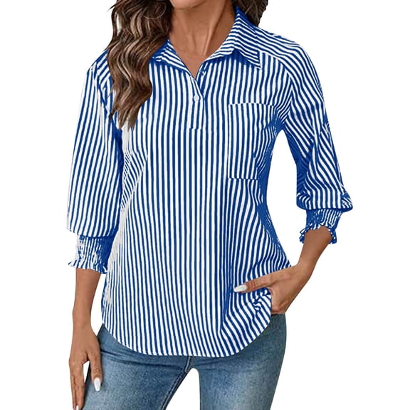 FAHXNVB Womens Striped T Shirts with Pockets Ruffle Cuff Long Sleeve Office Tees Tops Summer Casual Lightweight Soft Comfy Trendy Shirts