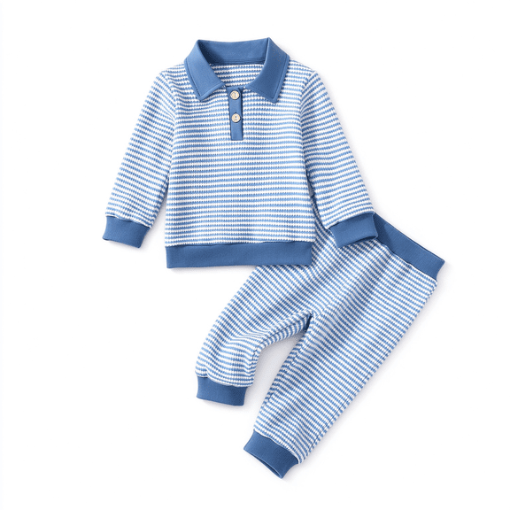 Fall Toddler Baby Boy Outfit Polo Long Sleeve Sweatshirt Pullover Top Pants 6M-4Y (BLUE,GREEN,BROWN)Solid Waffle Knit Clothes 2PCS Set