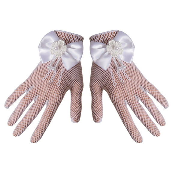 Kripyery 1 Pair Wedding Flower Girl Gloves Romantic See-through Hollow Out Big Bow-knot Fishnet Wedding Decoration Flower Decor Beads Wedding Prom Gloves Kid Gloves