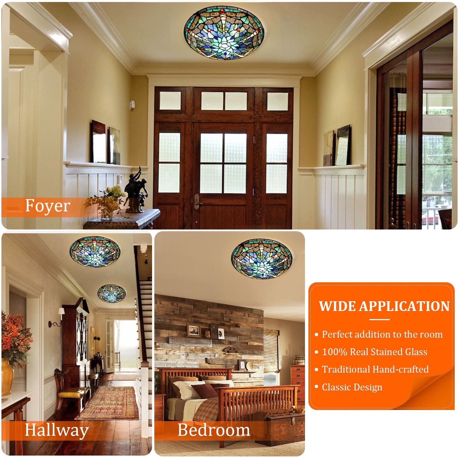 Tiffany Ceiling Light Fixtures Flush Mount 3-Light, 16” Wide Dragonfly Stained Glass Lampshade Ceiling Lamp