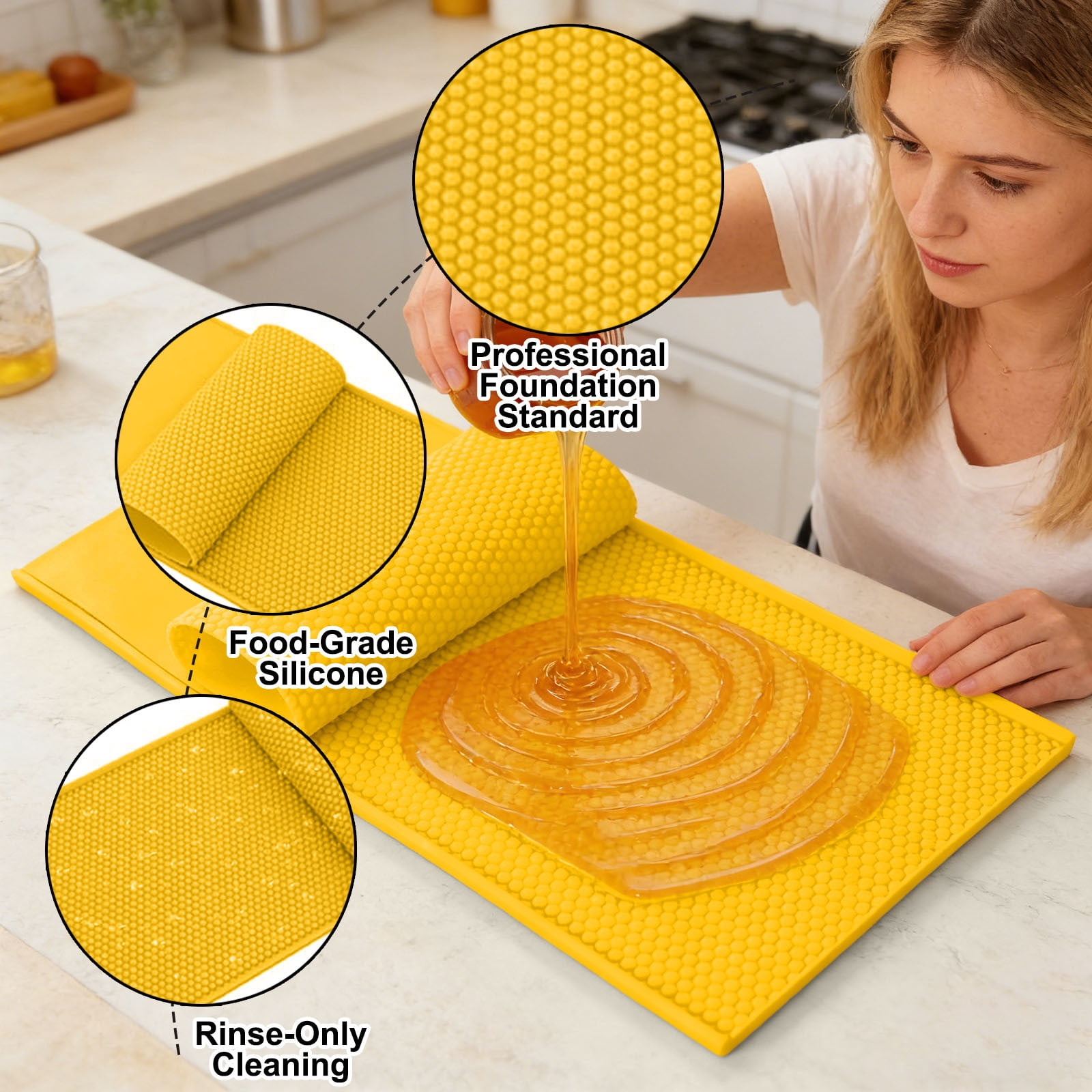 Silicone Beeswax Foundation Press Mold with Honey Scraper, 5.4mm Honeycomb 2 Sheets Non-Stick Reusable for Beekeeping and Candle Making Supplies (Yellow)