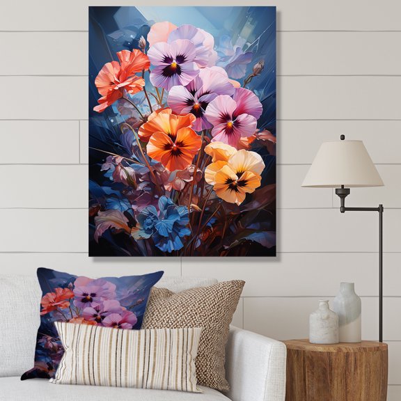 Designart "Beautiful Pansy Ensemble" Floral Canvas Wall Art - Traditional Purple Pansies Entryway Wall Art Print
