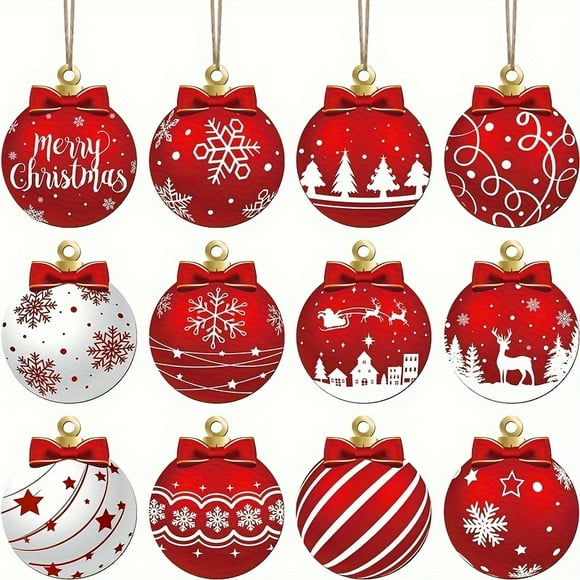 12-Piece Elegant Wooden Red Round Christmas Ornaments Set - Perfect for Christmas Trees, Garden Decorations and Holiday Celebration Party Decorations