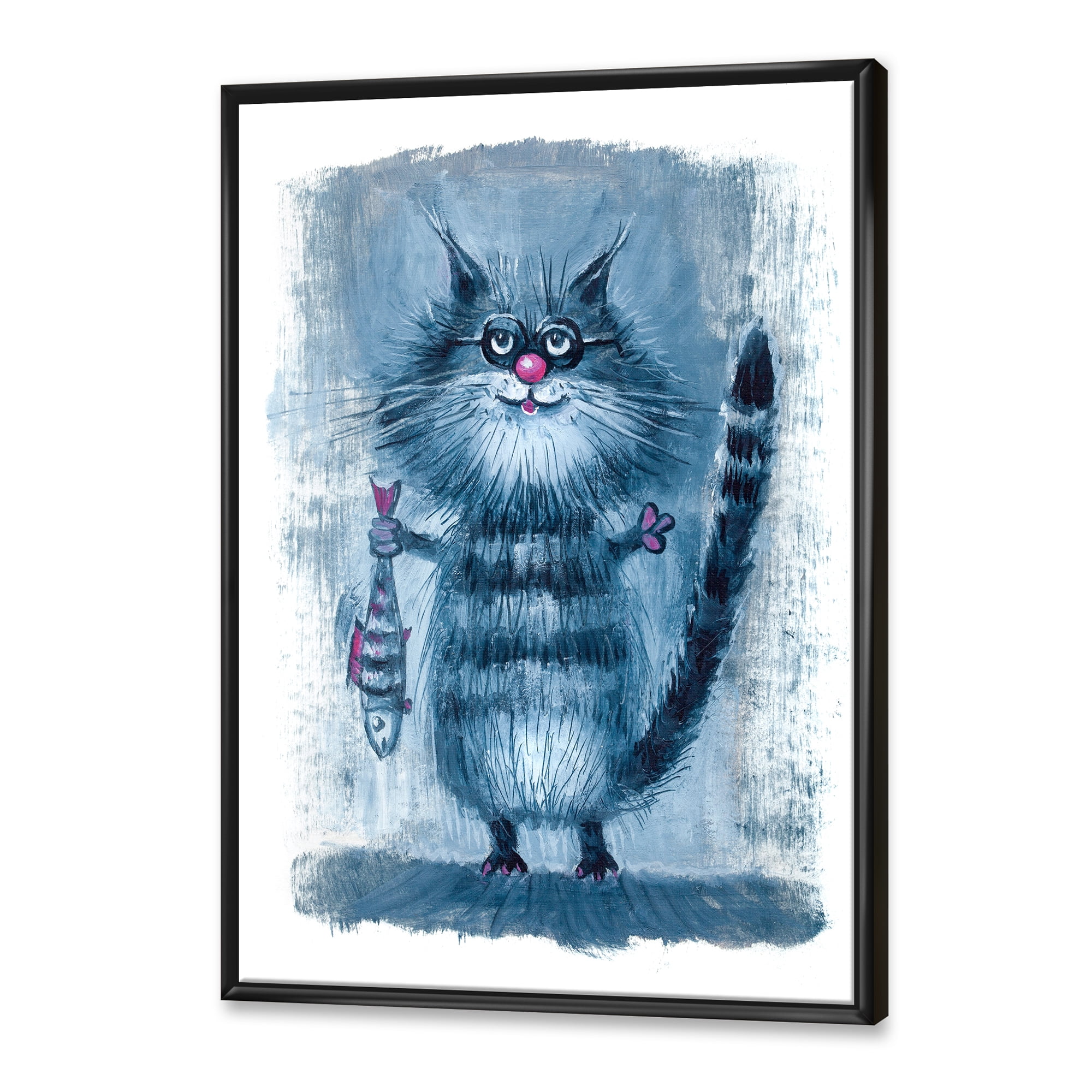 Standing Cat Holding A Fish In Its Claws 16 in x 32 in Framed Painting Canvas Art Print, by Designart