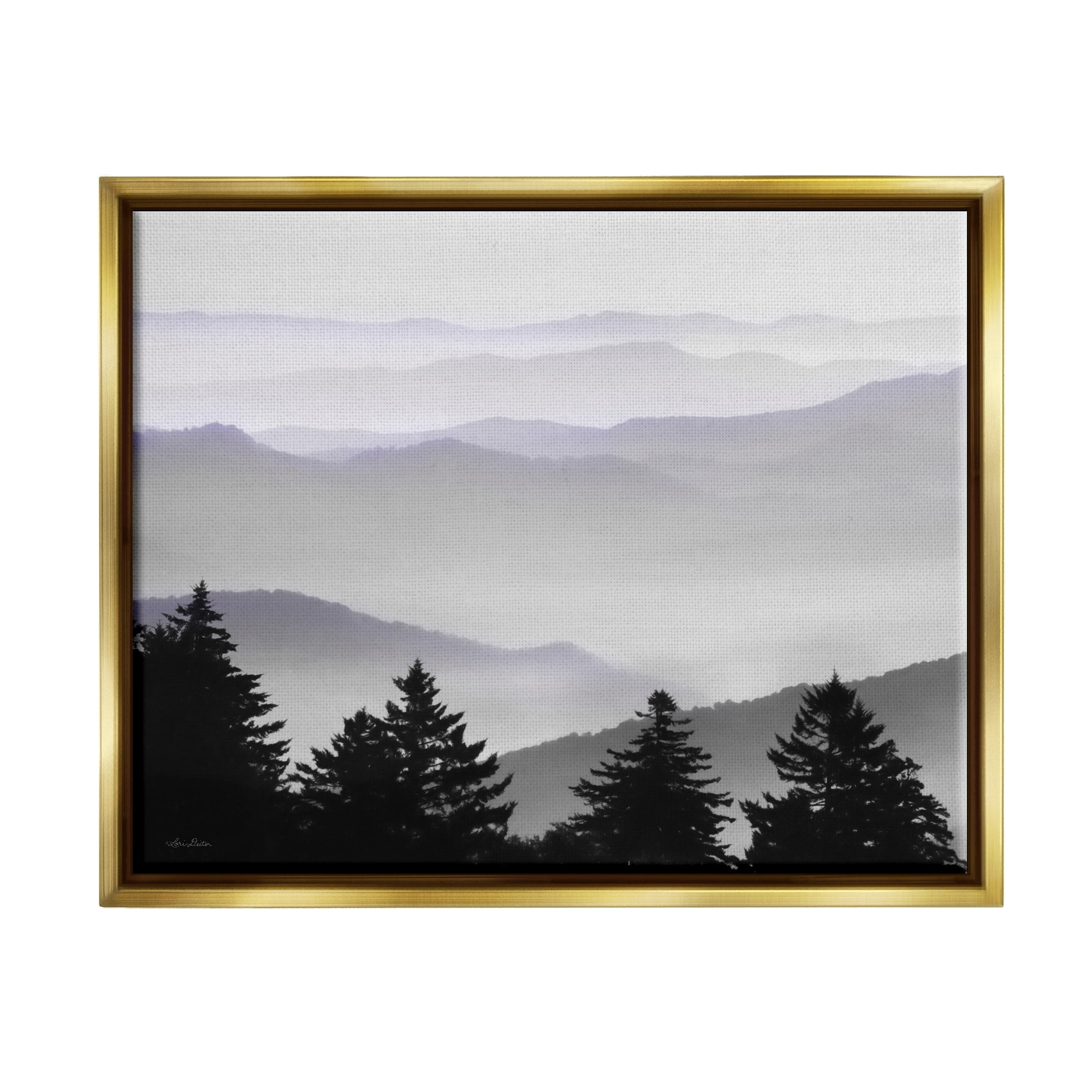 Stupell Industries Pine Trees Silhouettes Foggy Mountain Range Peaks Photograph Metallic Gold Floating Framed Canvas Print Wall Art, Design by Lori Deiter