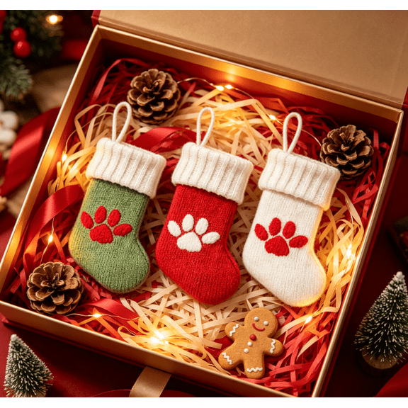 weibbin Pet Paw Knit Christmas Stocking,Mini Red White Knitted Hanging Sock with Paw Embroidery,Small Holiday Gift Pouch for Pet Dog Cat Xmas Tree Mantel Seasonal Home Decoration 1PC