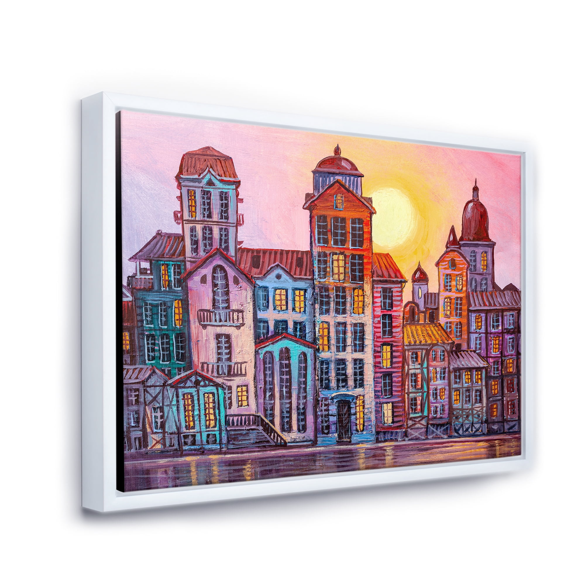 Designart 'Afternoon Street Scene In Old Town With Colorful Buildings' Mid-Century Modern Framed Canvas Wall Art Print