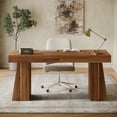 thumbnail image 6 of Finmind 55" Executive Desk, Mid-Century Home Office Desk with Double Trapezoid Base, Versatile Workstation Desk or Small Conference Table, Brown, 6 of 9
