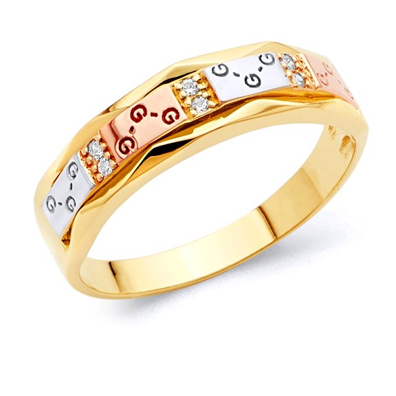 Wellingsale Mens Solid 14k 3 Tri Color White Yellow and Rose / Pink Gold Polished Diamond Cut CZ Cubic Zirconia Wedding Ring Band - Size 8