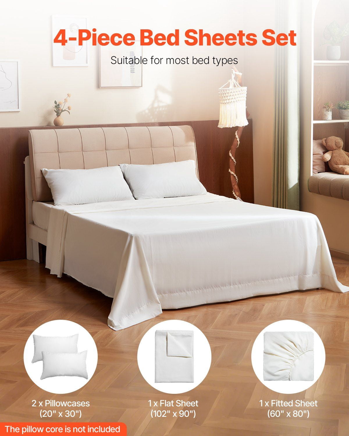 Queen Size 4 Piece Bamboo Fiber Bed Sheet Set Cooling Breathable Shrink Resistant Luxury Deep Pocket Fits 16 Inch Mattress Hotel Bedroom