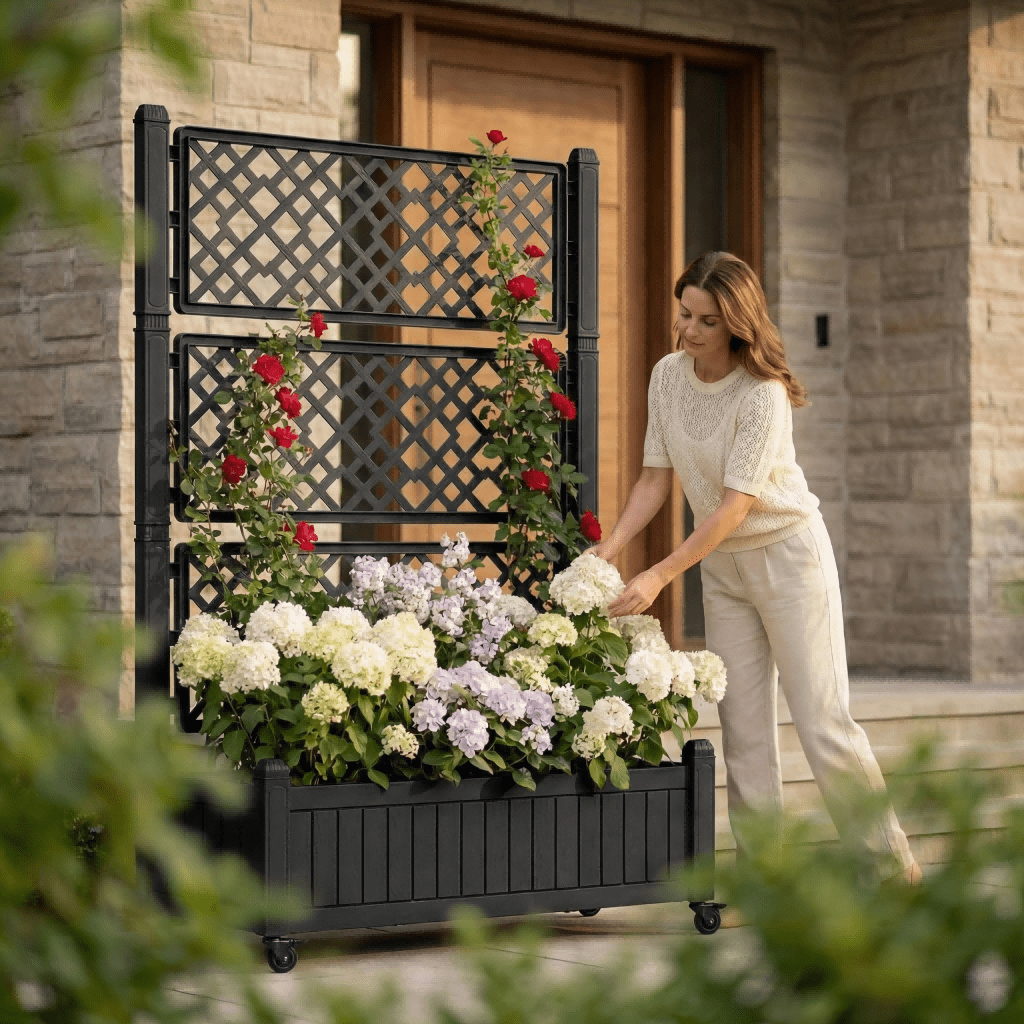 Uforic Outdoor 42.5x14.2x61 in Privacy Screen & Planter Box with Trellis, Raised Garden Bed with Wheels & Drain Plug, All-Weather Black Planter for Climbing Plants, Flowers, Herbs