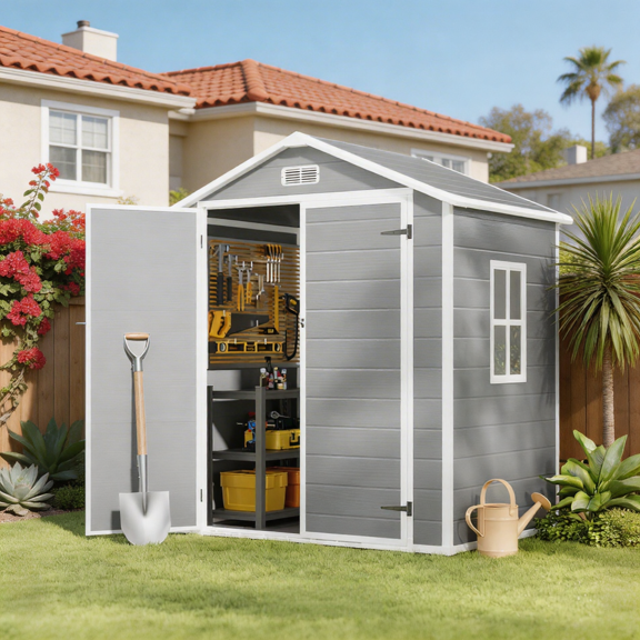 Asofer 6x4ft Resin Storage Shed, Plastic Outdoor Shed with Floor, Side Window, Lockable Door for Backyard, Garden, Patio, Gray