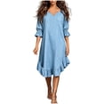 thumbnail image 2 of Ayolanni V-Neck Spring Dresses for Women 3/4 Sleeve Lightweight Solid Flutter Sleeve Maxi A-Line Dress Straight Ruffle Hem Vacation Flowy Sundress Blue M, 2 of 7