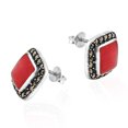 thumbnail image 2 of AeraVida Fashionable Vintage Red Coral Square Marcasite Frame Sterling Silver Post Earrings, 2 of 3