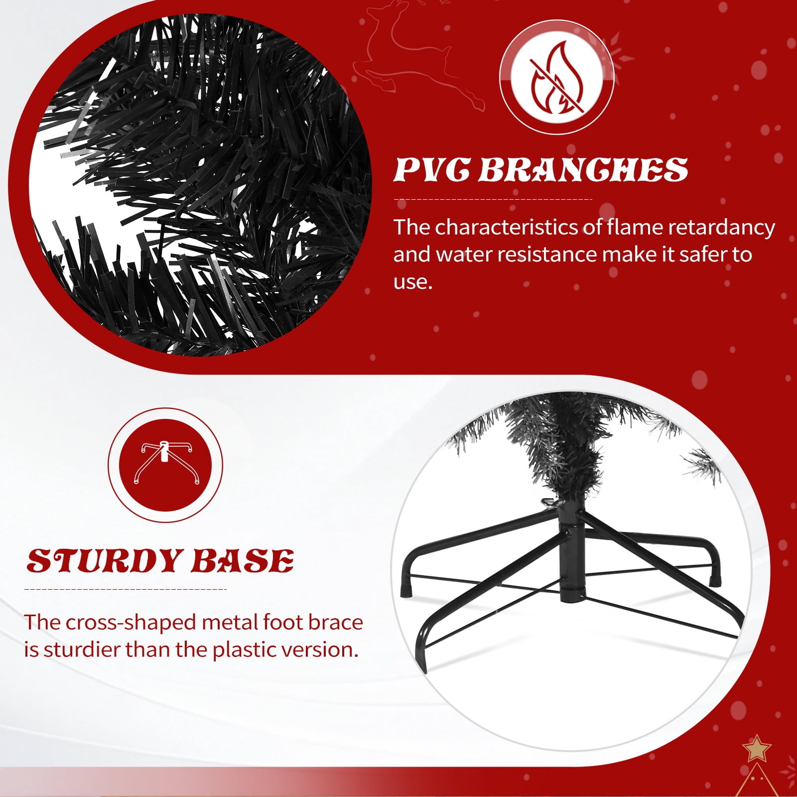 Astoutdoor 7.5 ft Black Artificial Christmas Tree with 350 Warm White LED Lights, Hinged Pine Tree, Tree Skirt and Red Ornaments