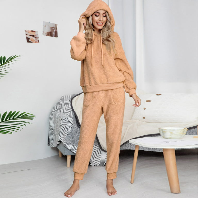 Fleece Pajamas for Women Warm Thick Soft Comfy Fluffy Pajamas Set Pullover  Pants Loose Plush Long Sleeves Hooded Clothes for Winter Sleepwear 