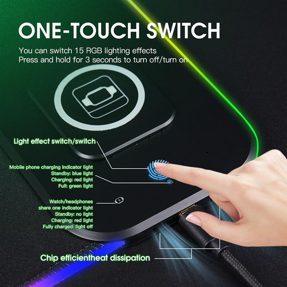 XIHAMA 3 in1 Wireless Charging RGB Gaming Mouse PAD, 15W 10 Light Modes, 800*300*4mm LED Magnetic Wireless Charging Mouse, Pad Desk Pad, Illuminated Mouse Pad for Ql Wireless Standard Phones/Watches