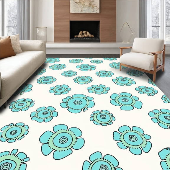 ODIKA 4'x6' Machine Washable Non-Slip Area Rug, Hand Knotted Style Abstract Floral High Traffic Rug, Blue, 335045
