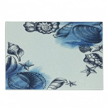 Ocean Cutting Board, Sealife Sea Shells and Sand Stones Deep Water Star Fish Blue Toned Design, Decorative Tempered Glass Cutting and Serving Board, Small Size, Navy Blue and White, by Ambesonne