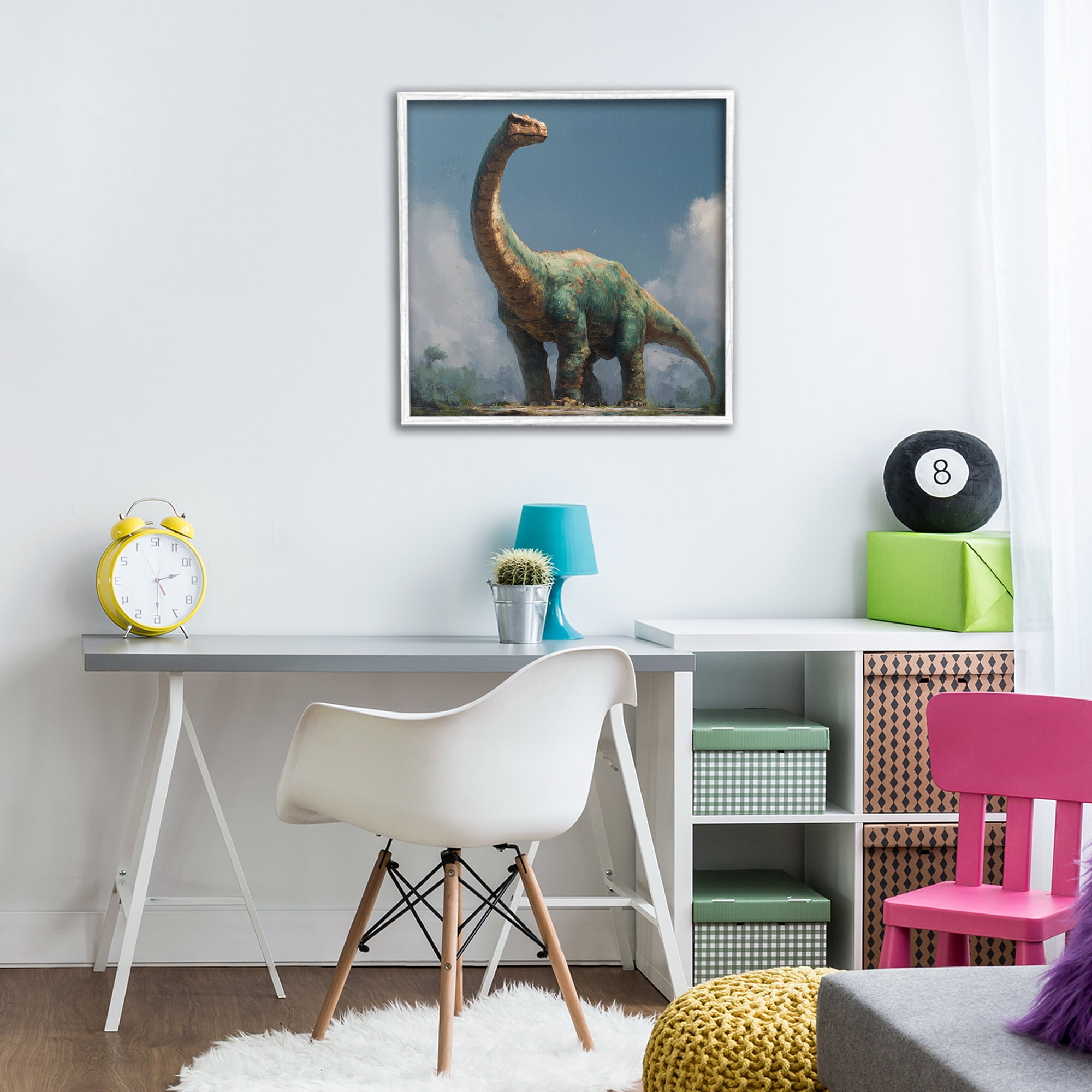 Stupell Industries Colossal Brontosaurus in Meadow White Framed Giclee Art, design by Wumples