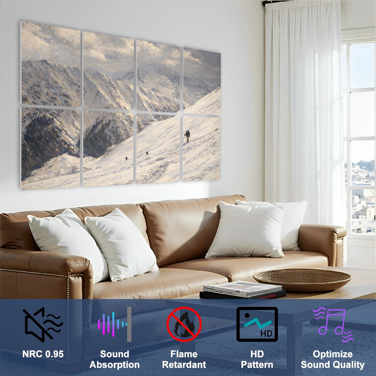 Rustic Farmhouse 8 Pack Art Acoustic Panels Sound Absorbing black white snowy mountains vintage snow skiings Decorative Soundproof Wall Panels Self Adhesive for Nursery Game Room Bedroom 48"x32"