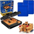 thumbnail image 1 of Fabricante de gofres eléctrica de ladrillo de construcción, color negro con 2 platos de construcción para comer, cocinar divertido, waffles o panqueques en cuestión de minutos, apilar y construir, 1 of 5