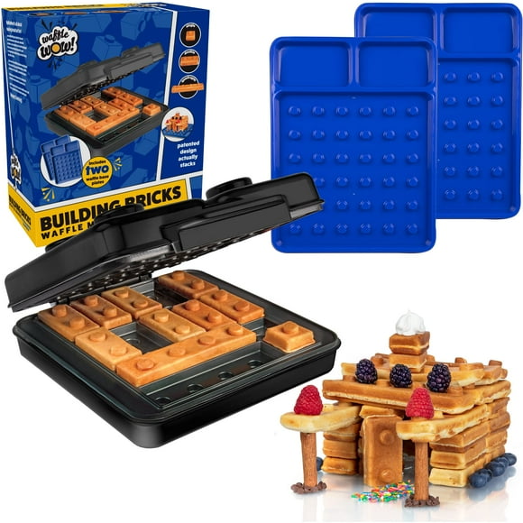 Fabricante de gofres eléctrica de ladrillo de construcción, color negro con 2 platos de construcción para comer, cocinar divertido, waffles o panqueques en cuestión de minutos, apilar y construir