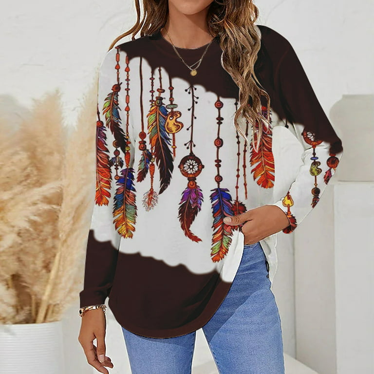 Tunic Tops to Wear with Leggings Round Neck Feather Graphic Comfy